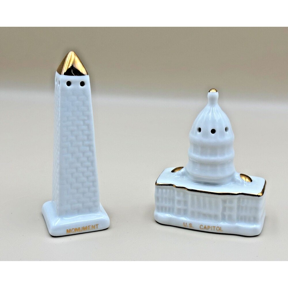 VTG DC Washington Monument U.S. Capitol Salt & Pepper Shakers Ceramic w/stoppers